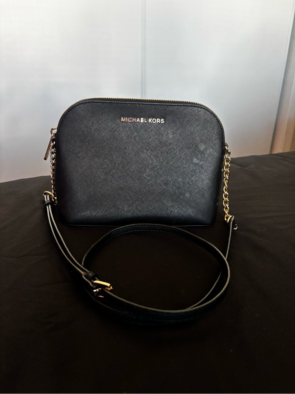 Michael Kors Black Saffiano Dome Crossbody with Gold Chain Strap